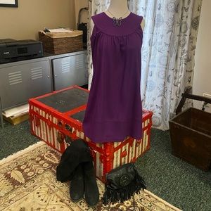 Purple Merino Wool Mini Shift Dress + Side Pockets